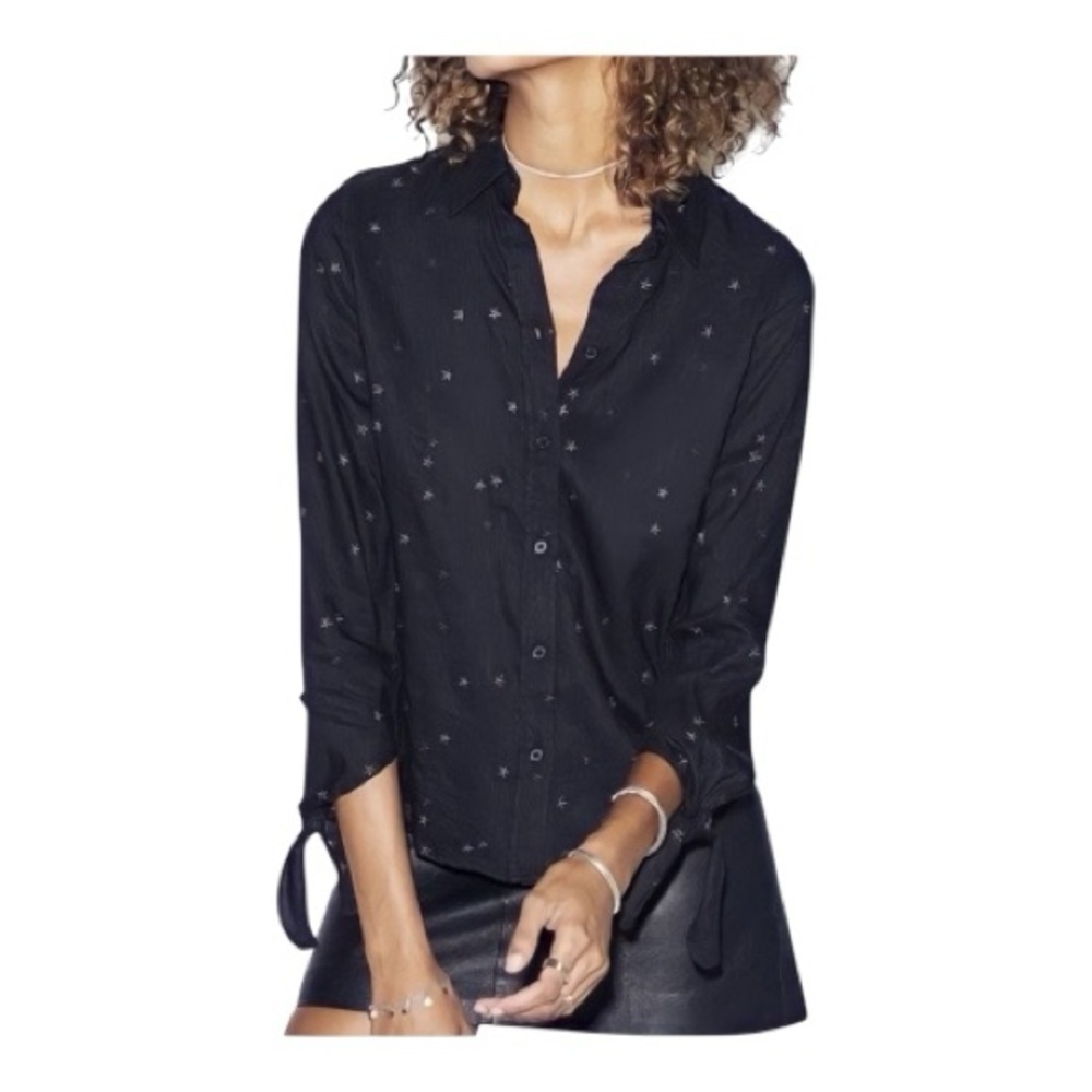 Rails Robyn Star Embroidery Black Button-Down Shirt with Tie Cuff Size Medium